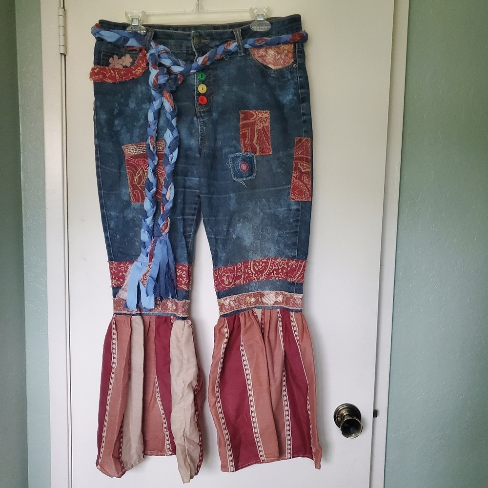 Upcycled Women's Bohemian Patchwork Flare Bell Bottom Jeans with Belt Size 10